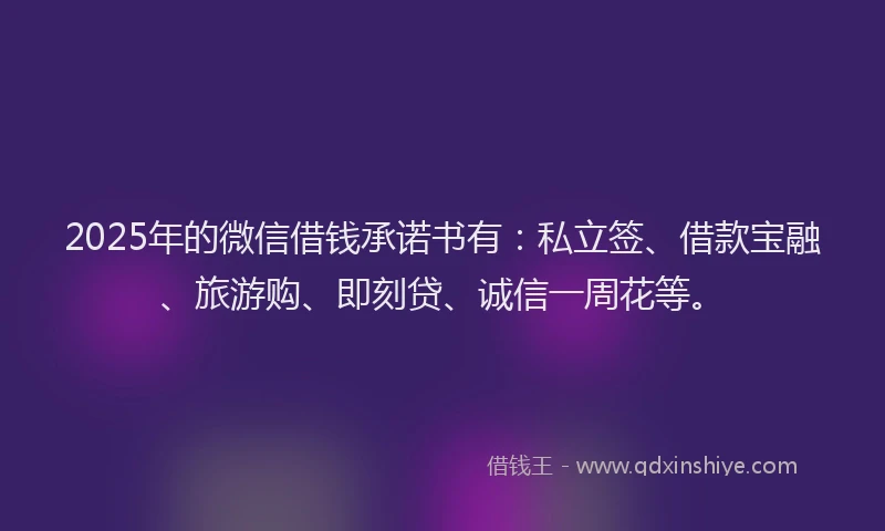 2025年的微信借钱承诺书有：私立签、借款宝融、旅游购、即刻贷、诚信一周花等。