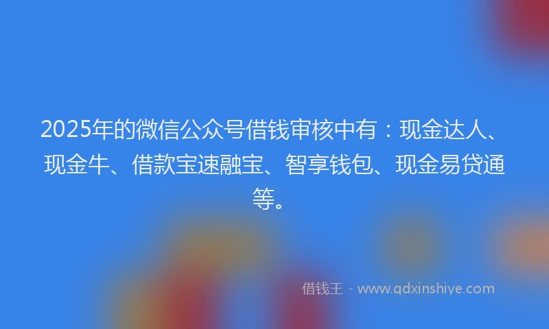 2025年的微信公众号借钱审核中有：现金达人、现金牛、借款宝速融宝、智享钱包、现金易贷通等。