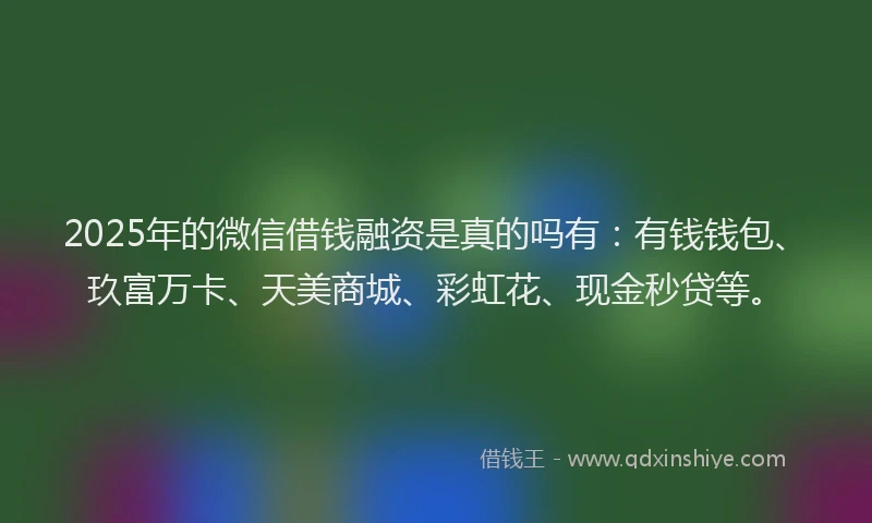 2025年的微信借钱融资是真的吗有：有钱钱包、玖富万卡、天美商城、彩虹花、现金秒贷等。
