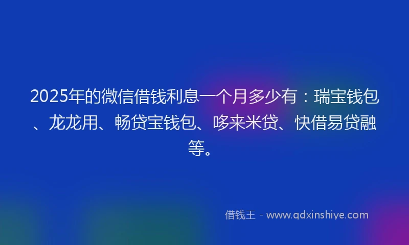 2025年的微信借钱利息一个月多少有：瑞宝钱包、龙龙用、畅贷宝钱包、哆来米贷、快借易贷融等。