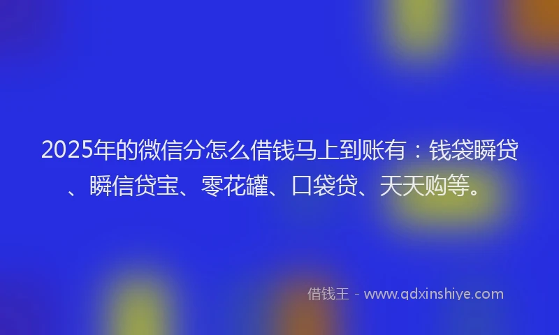 2025年的微信分怎么借钱马上到账有：钱袋瞬贷、瞬信贷宝、零花罐、口袋贷、天天购等。