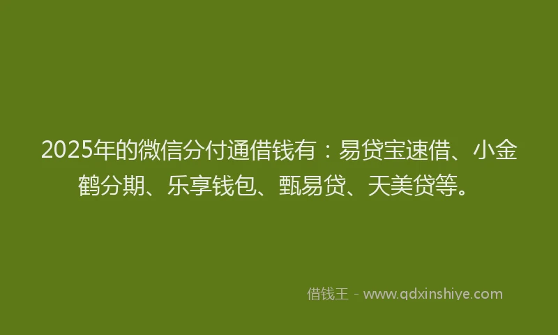 2025年的微信分付通借钱有：易贷宝速借、小金鹤分期、乐享钱包、甄易贷、天美贷等。