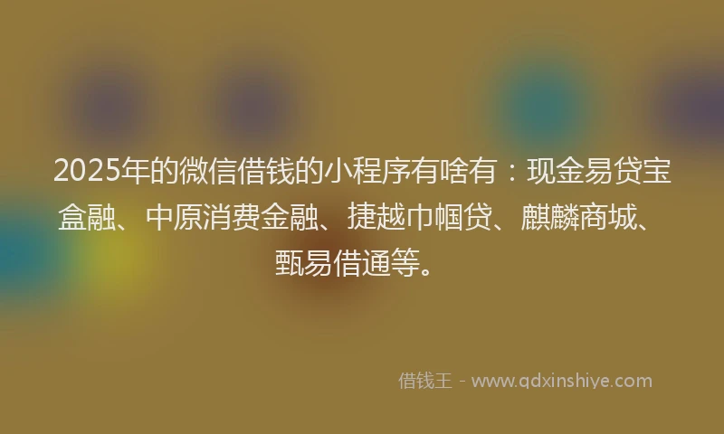 2025年的微信借钱的小程序有啥有：现金易贷宝盒融、中原消费金融、捷越巾帼贷、麒麟商城、甄易借通等。