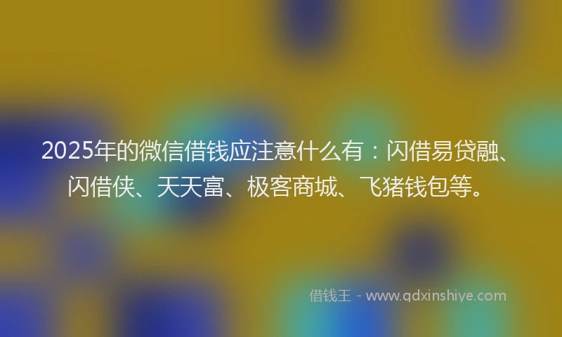 2025年的微信借钱应注意什么有：闪借易贷融、闪借侠、天天富、极客商城、飞猪钱包等。