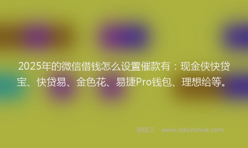 2025年的微信借钱怎么设置催款有：现金侠快贷宝、快贷易、金色花、易捷Pro钱包、理想给等。