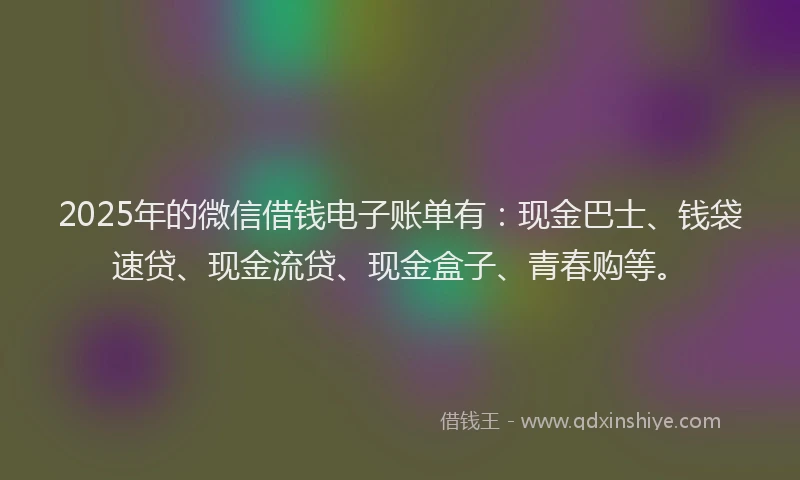 2025年的微信借钱电子账单有：现金巴士、钱袋速贷、现金流贷、现金盒子、青春购等。