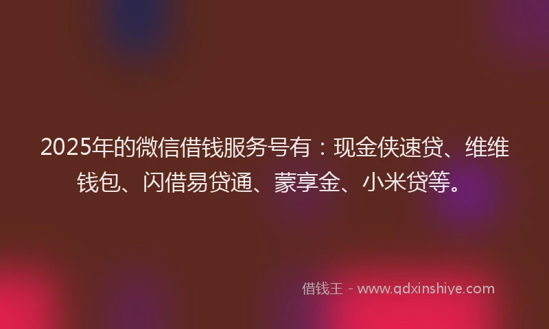 2025年的微信借钱服务号有：现金侠速贷、维维钱包、闪借易贷通、蒙享金、小米贷等。