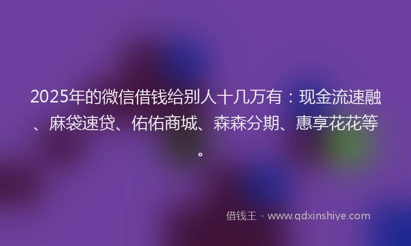 2025年的微信借钱给别人十几万有：现金流速融、麻袋速贷、佑佑商城、森森分期、惠享花花等。