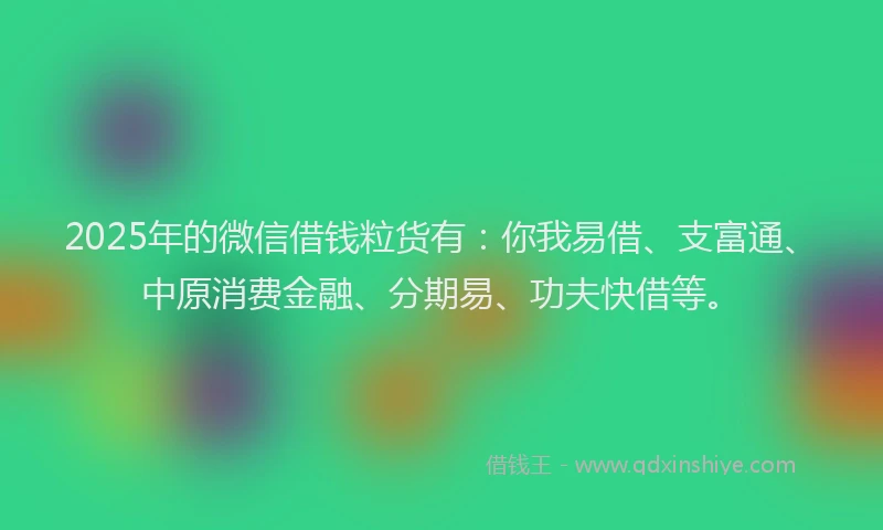 2025年的微信借钱粒货有：你我易借、支富通、中原消费金融、分期易、功夫快借等。