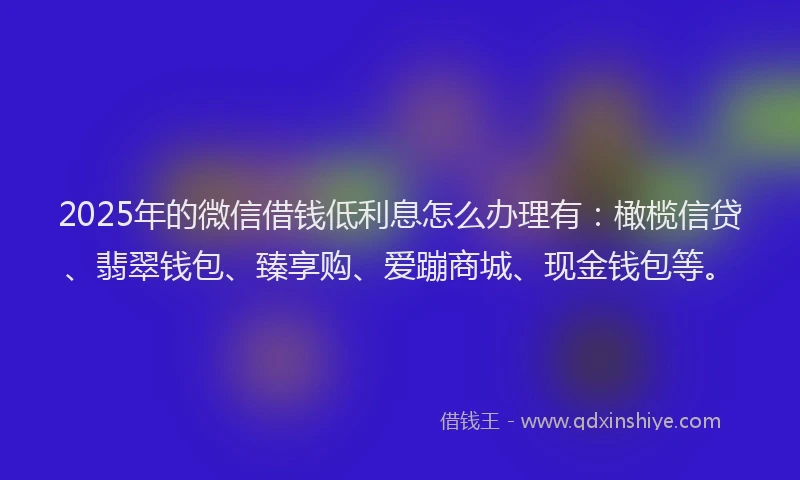 2025年的微信借钱低利息怎么办理有：橄榄信贷、翡翠钱包、臻享购、爱蹦商城、现金钱包等。