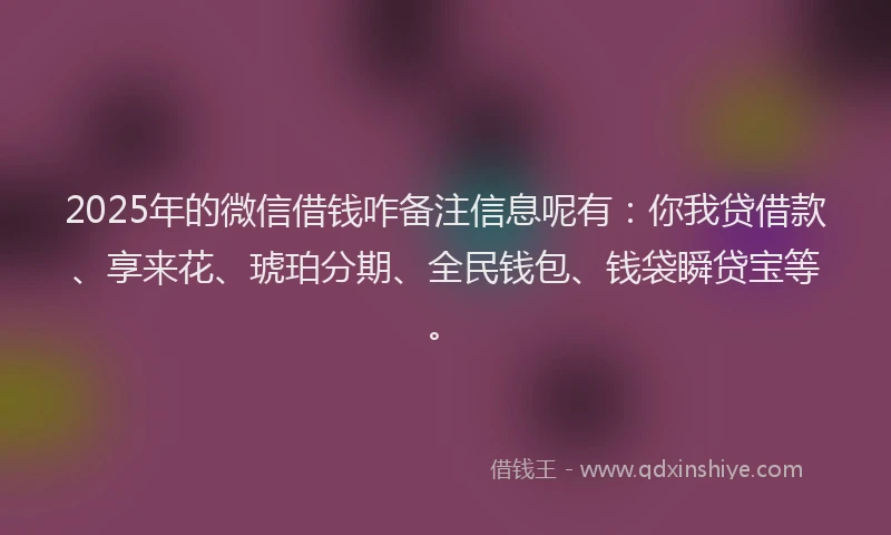 2025年的微信借钱咋备注信息呢有：你我贷借款、享来花、琥珀分期、全民钱包、钱袋瞬贷宝等。