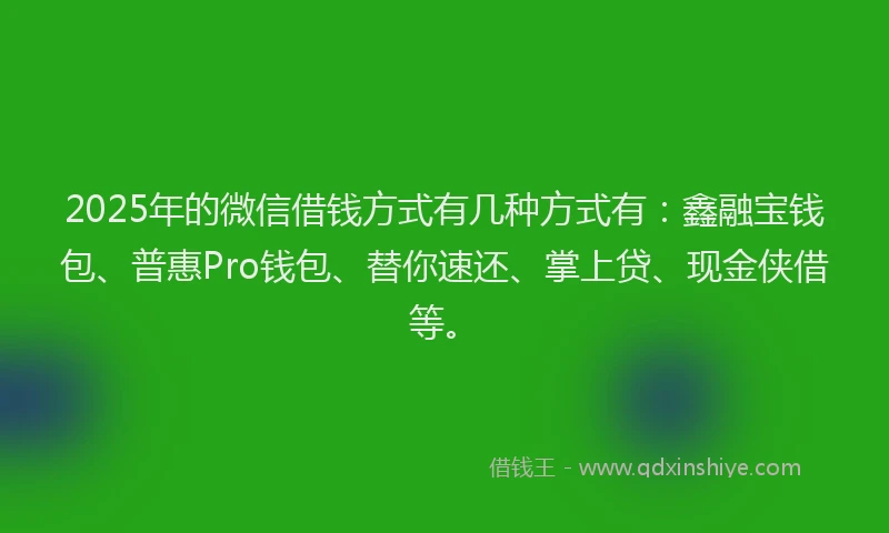 2025年的微信借钱方式有几种方式有：鑫融宝钱包、普惠Pro钱包、替你速还、掌上贷、现金侠借等。