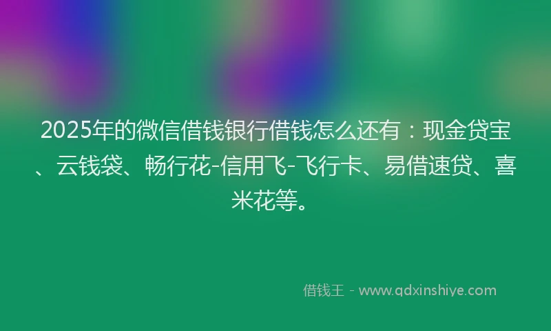 2025年的微信借钱银行借钱怎么还有：现金贷宝、云钱袋、畅行花-信用飞-飞行卡、易借速贷、喜米花等。