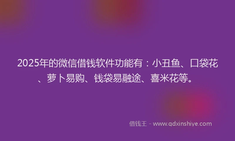 2025年的微信借钱软件功能有：小丑鱼、口袋花、萝卜易购、钱袋易融途、喜米花等。