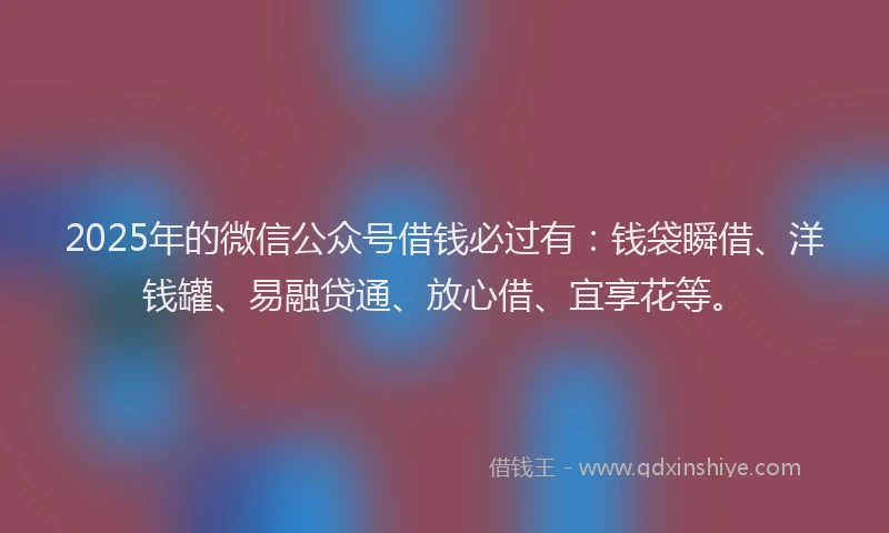 2025年的微信公众号借钱必过有：钱袋瞬借、洋钱罐、易融贷通、放心借、宜享花等。