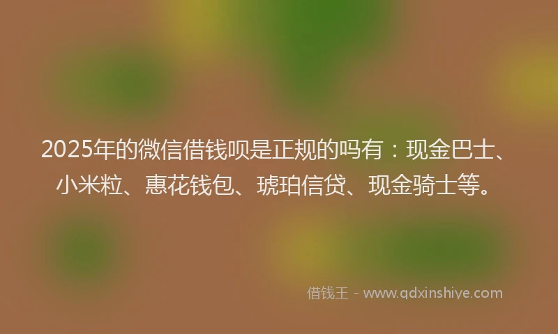 2025年的微信借钱呗是正规的吗有：现金巴士、小米粒、惠花钱包、琥珀信贷、现金骑士等。
