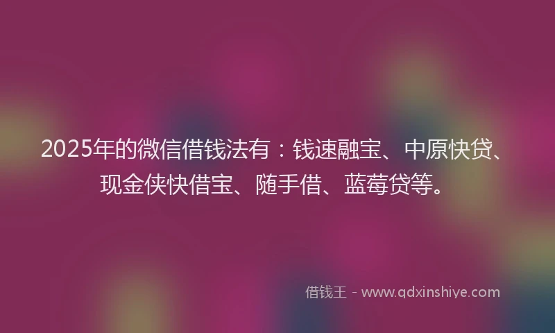 2025年的微信借钱法有：钱速融宝、中原快贷、现金侠快借宝、随手借、蓝莓贷等。