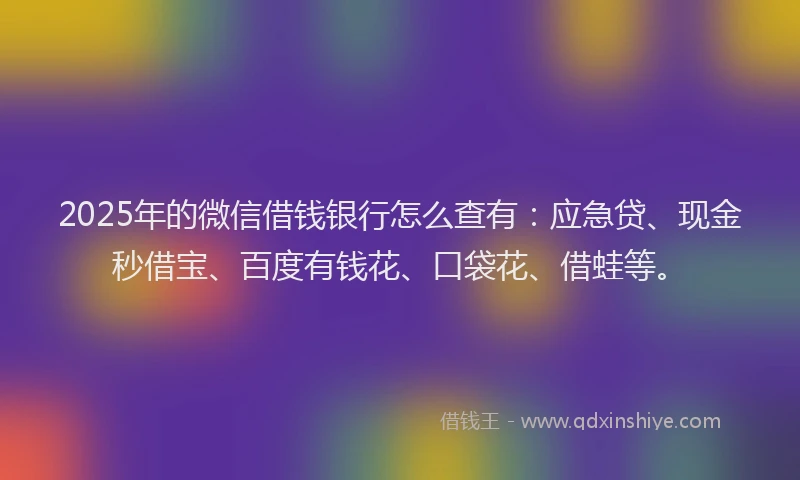 2025年的微信借钱银行怎么查有：应急贷、现金秒借宝、百度有钱花、口袋花、借蛙等。