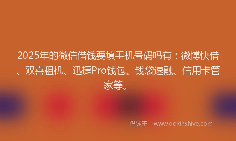 2025年的微信借钱要填手机号码吗有：微博快借、双喜租机、迅捷Pro钱包、钱袋速融、信用卡管家等。