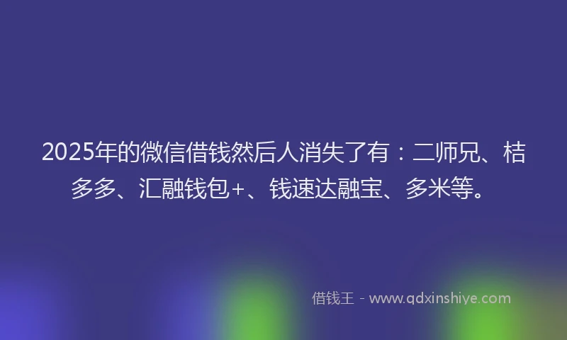 2025年的微信借钱然后人消失了有：二师兄、桔多多、汇融钱包+、钱速达融宝、多米等。