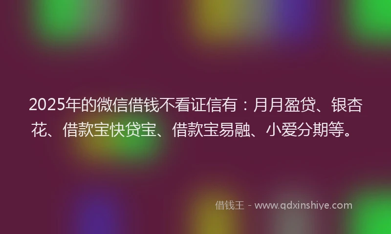 2025年的微信借钱不看证信有：月月盈贷、银杏花、借款宝快贷宝、借款宝易融、小爱分期等。