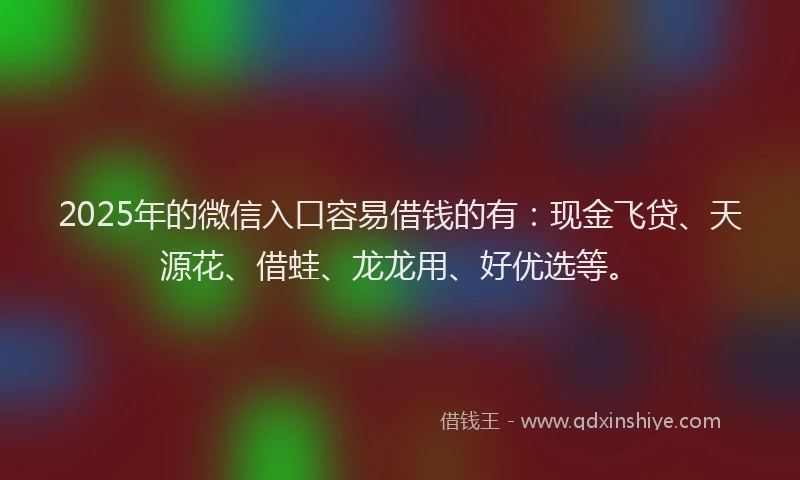 2025年的微信入口容易借钱的有：现金飞贷、天源花、借蛙、龙龙用、好优选等。