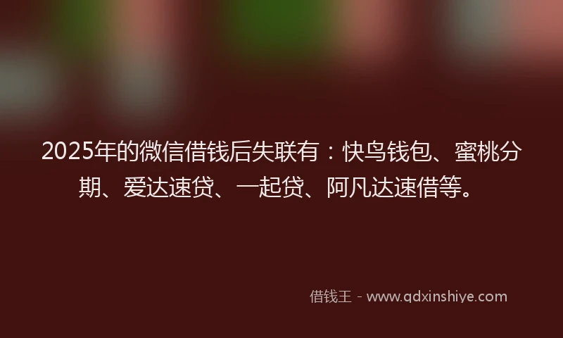 2025年的微信借钱后失联有：快鸟钱包、蜜桃分期、爱达速贷、一起贷、阿凡达速借等。