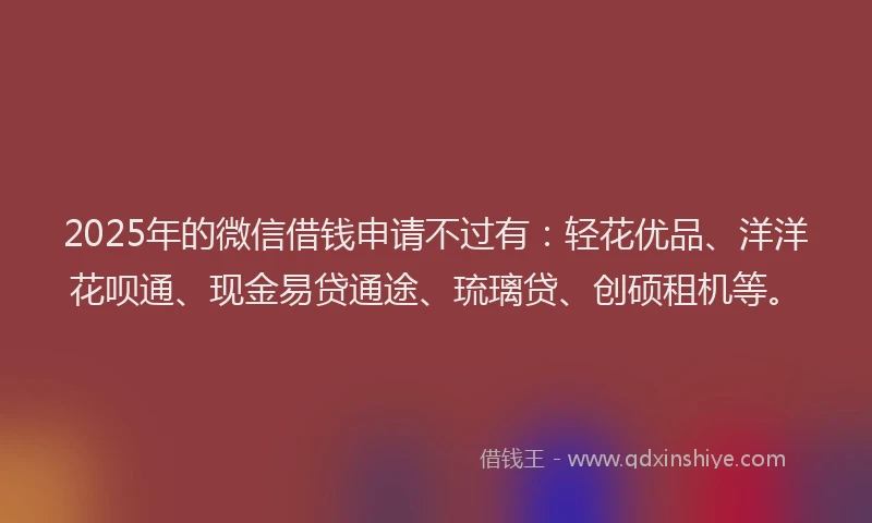 2025年的微信借钱申请不过有：轻花优品、洋洋花呗通、现金易贷通途、琉璃贷、创硕租机等。