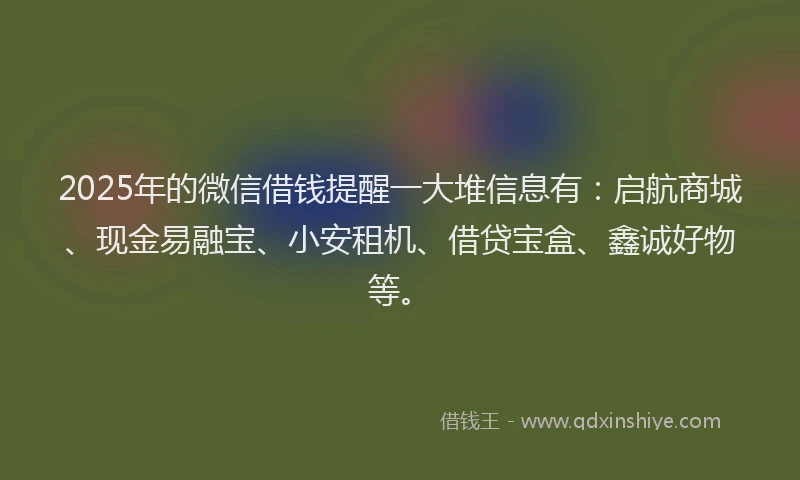 2025年的微信借钱提醒一大堆信息有：启航商城、现金易融宝、小安租机、借贷宝盒、鑫诚好物等。