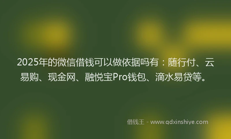 2025年的微信借钱可以做依据吗有：随行付、云易购、现金网、融悦宝Pro钱包、滴水易贷等。