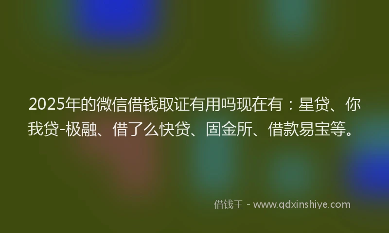 2025年的微信借钱取证有用吗现在有：星贷、你我贷-极融、借了么快贷、固金所、借款易宝等。