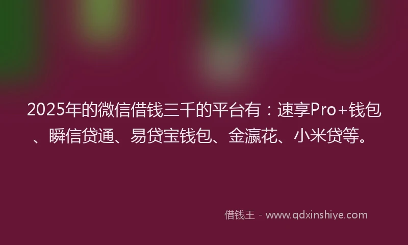 2025年的微信借钱三千的平台有：速享Pro+钱包、瞬信贷通、易贷宝钱包、金瀛花、小米贷等。