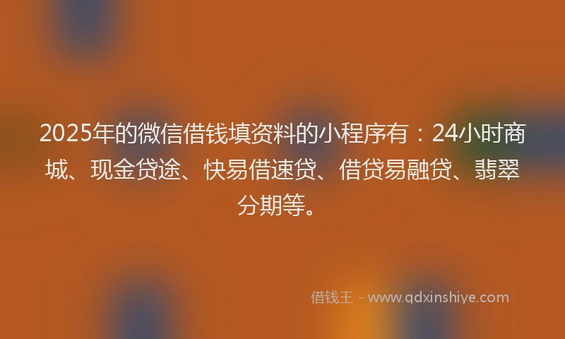 2025年的微信借钱填资料的小程序有：24小时商城、现金贷途、快易借速贷、借贷易融贷、翡翠分期等。