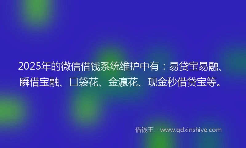 2025年的微信借钱系统维护中有：易贷宝易融、瞬借宝融、口袋花、金瀛花、现金秒借贷宝等。