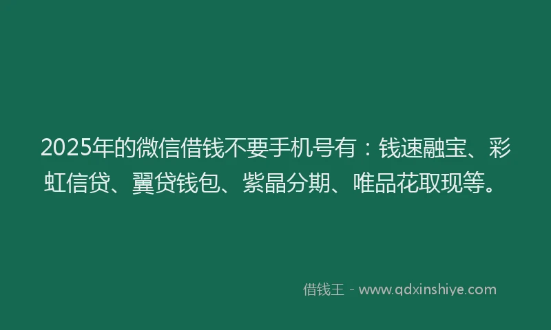 2025年的微信借钱不要手机号有：钱速融宝、彩虹信贷、翼贷钱包、紫晶分期、唯品花取现等。