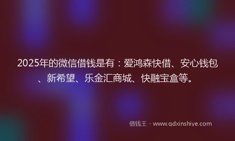 2025年的微信借钱是有：爱鸿森快借、安心钱包、新希望、乐金汇商城、快融宝盒等。