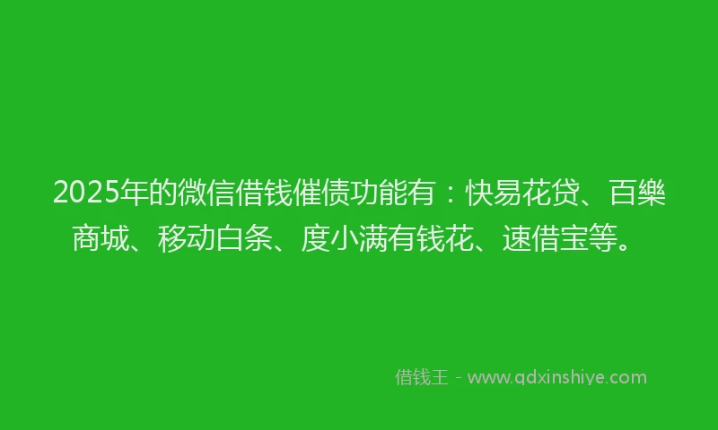 2025年的微信借钱催债功能有：快易花贷、百樂商城、移动白条、度小满有钱花、速借宝等。