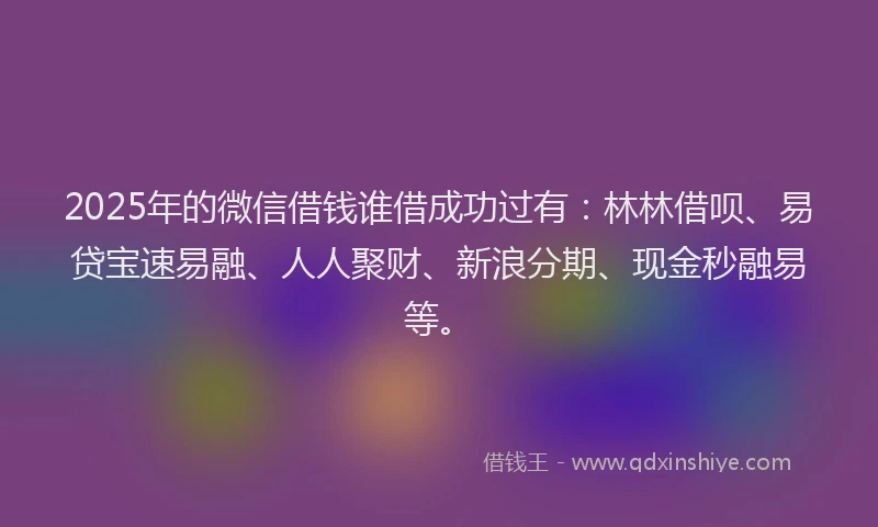 2025年的微信借钱谁借成功过有：林林借呗、易贷宝速易融、人人聚财、新浪分期、现金秒融易等。