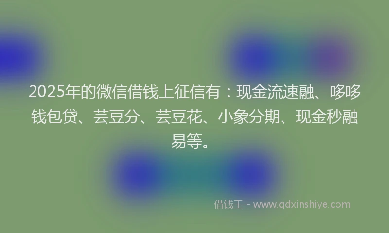 2025年的微信借钱上征信有：现金流速融、哆哆钱包贷、芸豆分、芸豆花、小象分期、现金秒融易等。