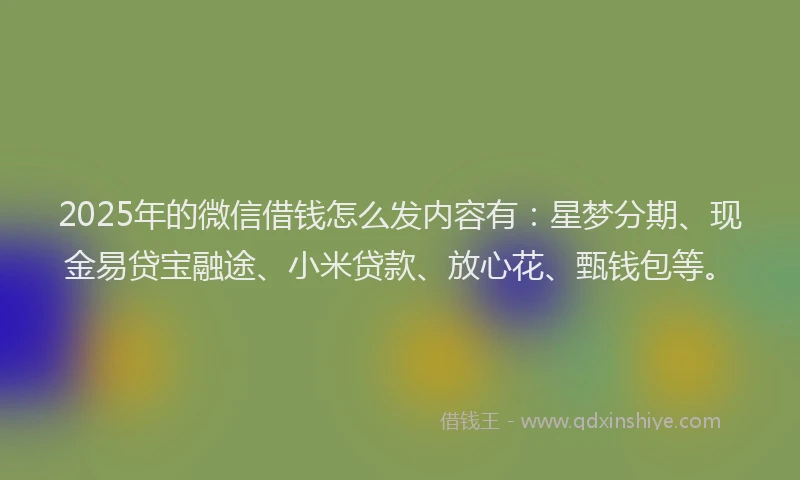2025年的微信借钱怎么发内容有：星梦分期、现金易贷宝融途、小米贷款、放心花、甄钱包等。