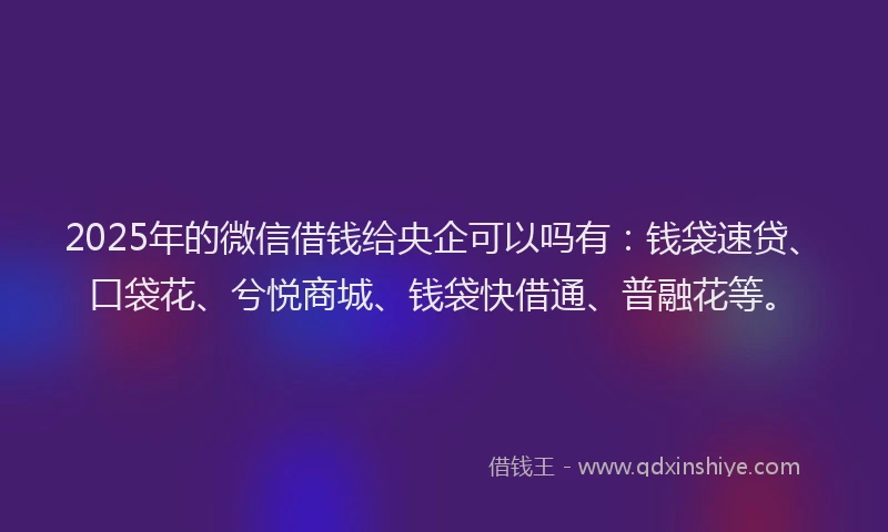 2025年的微信借钱给央企可以吗有：钱袋速贷、口袋花、兮悦商城、钱袋快借通、普融花等。