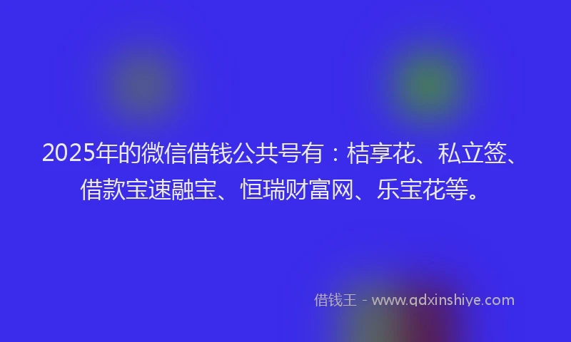 2025年的微信借钱公共号有：桔享花、私立签、借款宝速融宝、恒瑞财富网、乐宝花等。