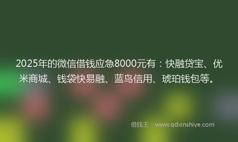2025年的微信借钱应急8000元有：快融贷宝、优米商城、钱袋快易融、蓝鸟信用、琥珀钱包等。