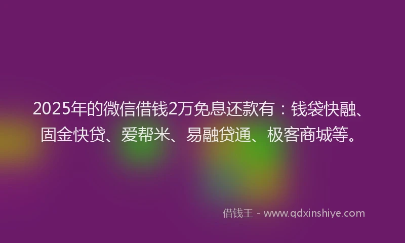 2025年的微信借钱2万免息还款有：钱袋快融、固金快贷、爱帮米、易融贷通、极客商城等。