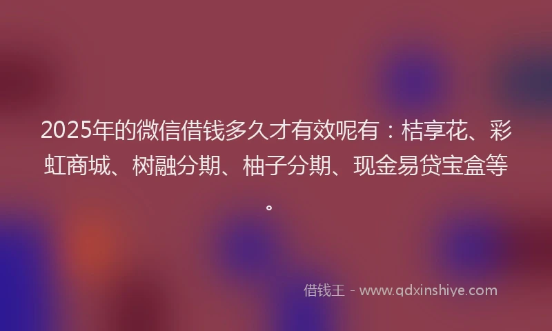 2025年的微信借钱多久才有效呢有：桔享花、彩虹商城、树融分期、柚子分期、现金易贷宝盒等。