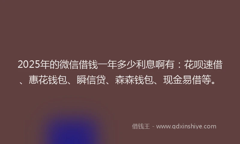 2025年的微信借钱一年多少利息啊有：花呗速借、惠花钱包、瞬信贷、森森钱包、现金易借等。