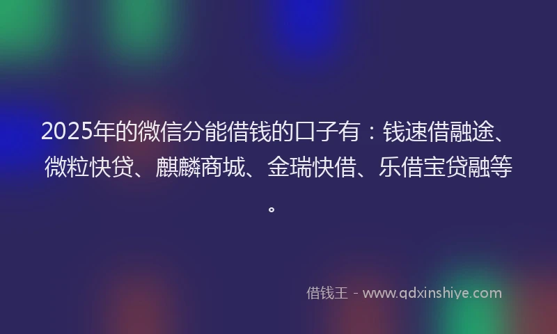 2025年的微信分能借钱的口子有：钱速借融途、微粒快贷、麒麟商城、金瑞快借、乐借宝贷融等。