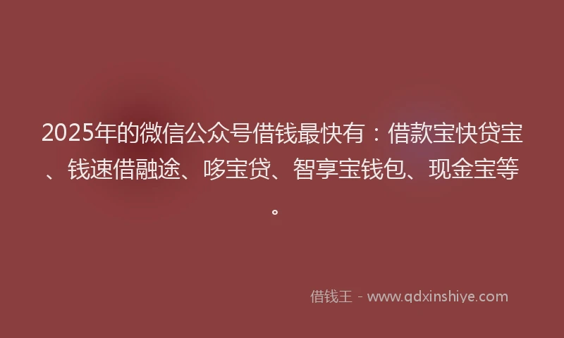 2025年的微信公众号借钱最快有：借款宝快贷宝、钱速借融途、哆宝贷、智享宝钱包、现金宝等。