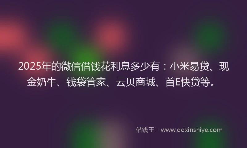 2025年的微信借钱花利息多少有：小米易贷、现金奶牛、钱袋管家、云贝商城、首E快贷等。