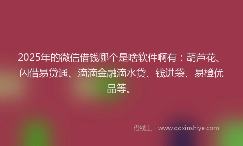 2025年的微信借钱哪个是啥软件啊有：葫芦花、闪借易贷通、滴滴金融滴水贷、钱进袋、易橙优品等。
